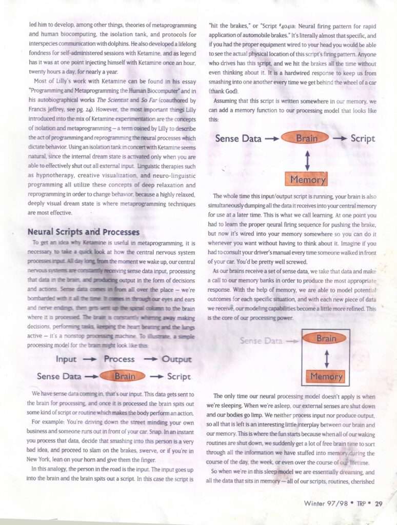 Ketamine: Metaprogramming from within the Eye of the Storm, plus 4 back issues of the Resonance Project on PDF | TRP 1997 91 TRP 2.15 K2
